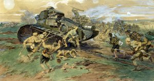 Zajetí tanku na Krymu. Bitevní scéna během ruské občanské války (1917-1923), kde stála proti Bílé armádě a Rudým gardám. Dílo Nikolaje Semjonoviče Samokiše (1860-1944), akvarel na papíře od Nikolay Semenovich Samokish