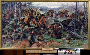 Ruská jízda nabíjející německé dělostřelectvo v roce 1915 (Ruská jízda nabíjející německé dělostřelectvo v roce 1915). Obraz Nikolaje Jakovleviče Borisova (1873-1942). Olej na plátně, 75 x 142 cm, ruské umění počátku 20. století. Státní ústřední dělostřele od Nikolay Yakovlevich Borisov