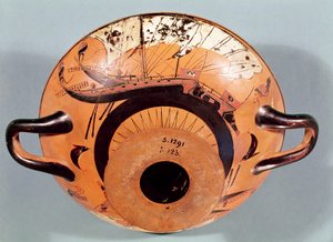 Půdní černofigurový pohár zobrazující řecké plachetnice, cca 520 př. n. l. (keramika) od Nikosthenes