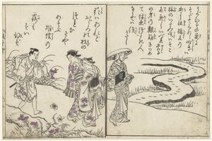 Turisté v krajině s květinami od Nishikawa Sukenobu (attributed to)