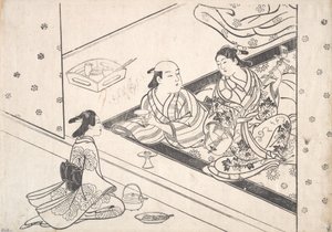 Dáma hrající Shamisen se svým milencem a doprovodem poblíž.