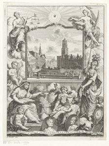Stadsgezicht met Domkerk te Utrecht en allegorie met Utrechtse stedenmaagd Titulní stránka: Elias de Vries, Dissertatio juridica, de jure naturale ac gentium, seu duobus prioribus juris fontibus, 1745. od Noach van der Meer (I)