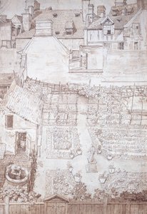 Zahrada městského domu s partery a vinnou pergolou, obklopená budovami, cca 1677 (pero a hnědý inkoust s hnědým praním)