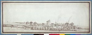 Chateau de Vincennes, s kouřícími komíny (pero a inkoust na papíře)