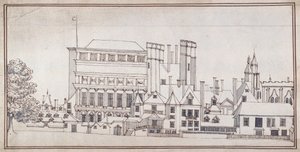 Whitehall s Holbeinovou bránou a banketním domem Inigo Jonese, kolem roku 1677 (pero a hnědý inkoust s šedým praním)