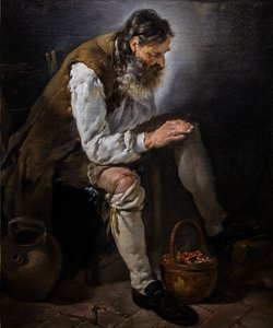 Zima. Starý muž si hřeje ruce u ohniště, asi 1747 (olej na plátně) od Noel Halle