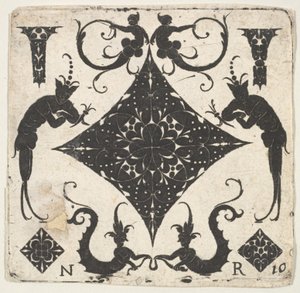 Konkávní panely ve tvaru pastilky a groteskní postavy, ca. 1620-30. od Noel Rouillard