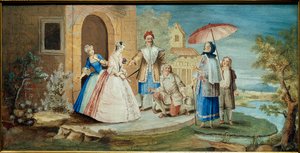 Komik a dramatik Jean Baptiste Poquelin dit Moliere (jedno koleno k zemi) a jeho komici v díle Georges Dandin ou le mari zmatený“““ v roce 1668. Christmas Painting Coypel (1628-1707) Kolekce 1668 Jacques Lorcey