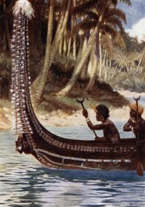 Kanoe ukazující „Totoishu“, Nová Georgie, Šalamounovy ostrovy (barva litho) od Norman Hardy