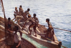 Copra Boys vyrazili na břeh, Nové Hebridy (barevné lito) od Norman Hardy