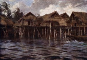 Motu Village z moře (barva litho) od Norman Hardy