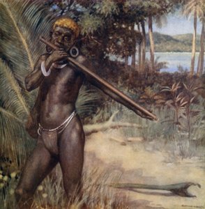 Solomon Islander hrající na „Ivivu“ nebo flétnu (barevné lito) od Norman Hardy