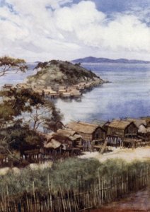 Ostrov Elevera z misijní stanice, Port Moresby, Britská Nová Guinea (barevné lito) od Norman Hardy