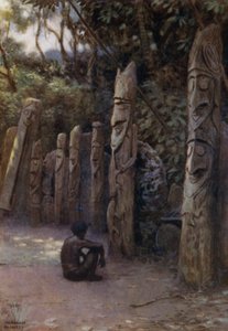Kamenné „Demity“ neboli duše s jejich doprovodnými dřevěnými figurkami, ostrov Malekula, Nové Hebridy (barva litho)