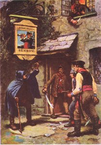 Muž se vyklonil v měsíčním světle, z Ostrova pokladů, vydané nakladatelstvím MacDonald 1947 (barevné lito)