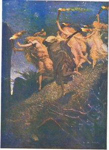První Valpuržina noc: „Veď temnotou a následuj, dovnitř a ven do každé skalní prohlubně“ (barva litho)