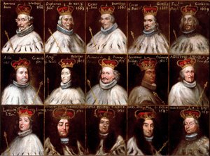 Erb Republiky genů a portréty dóžů. Antoniotto Invrea, Stefano de Mari, Cesare Durazzo, Cesare Gentile, Francesco Garbarino, Alessandro Grimaldi, Agostino Saluzzo, Antonio Da Passano, Odon Giannettino, Agostino Spinola, Luca M od Northern Italian School