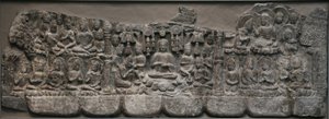 Nástěnná plastika: Nebeská setkání Buddhů a Bódhisattvů, Handan, provincie Hebei, 550-577 (vápenec se stopami pigmentu)