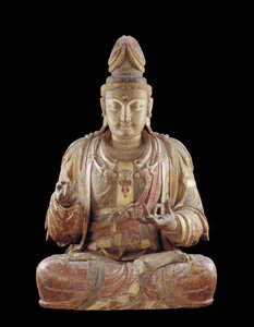 Bodhisattva Guanyin (dřevo, gesso, minerální pigmenty a zlato)