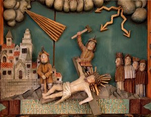 Ježíš je přibit na kříž, detail oltářního obrazu