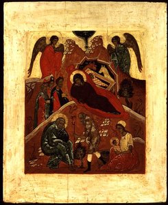 Ikona Narození Páně, Klanění tří králů a Pokušení sv. Josefa, cca 1500 (zlato a tempera na panelu)