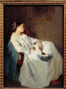 Spící sedící žena Obraz od Octave Tassaerta (1800-1874) 19. století Sun. 0,32 x 0,24 m