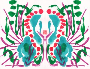 Peacock Green Red Floral Pattern, 2023 (kvaš na papíře, digitálně)