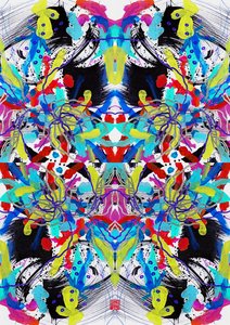 Zen Ink Blue Red Yellow Floral Pattern, 2023 (akryl na papíře, digitální) od Odilia W. Y. Fu