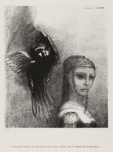 A velký pták, sestupující z nebe, se vrhá proti nejvyššímu bodu jejích vlasů, deska 3 z 10, 1888 od Odilon Redon