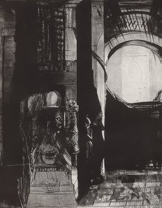 A všude jsou čedičové sloupy,? Světlo padá z kleneb, Blatt 3 der Folge La Tentation de Saint-Antoine. 1896 od Odilon Redon