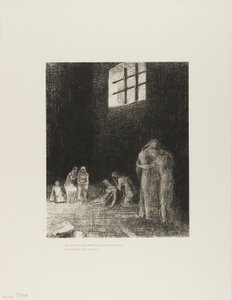 Ve stínu jsou lidé, plačící a modlící se, obklopeni ostatními, kteří je nabádají, deska 6 z 24 od Odilon Redon