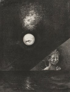 Na obzoru anděl jistoty a v chmurném nebi tázavé oko, čtvrtá deska z knihy Edgarovi Poeovi od Odilon Redon