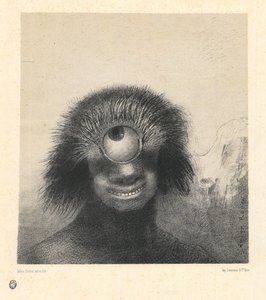 Znetvořený polyp plul na pobřeží, jakýsi usměvavý a odporný kyklop, ze série „Les Origines“ od Odilon Redon