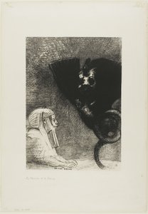 Sfinga: "...můj pohled, který nemůže nic odvrátit, procházející předměty, zůstává upřen na nepřístupný horizont." Chimera: "Pokud jde o mě, jsem lehký a radostný," deska 5 od Gustava Flauberta od Odilon Redon