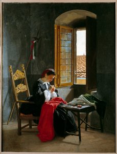 Risorgimento: “” žena šijící italskou vlajku 26. 4. 1859”” obraz od Odoarda Borraniho (1834-1905) 1859 milánska soukromá sbírka