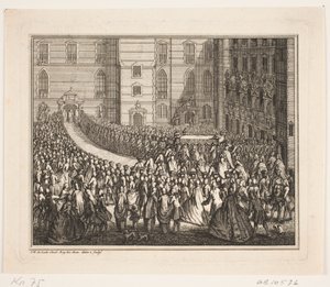Král Frederik V. v průvodu na obřad pomazání v kostele paláce Frederiksborg. Ilustrace k aktu pomazání Frederika d. IV od Odvardt Helmoldt de Lode