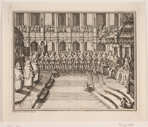 Král Frederik V. a královna Louise během obřadu pomazání v kostele Frederiksborg Palace. Ilustrace k aktu pomazání Frederika d. IV od Odvardt Helmoldt de Lode