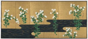 Chrysanthemums by a Stream, pár šestipanelových skládacích obrazovek, konec 1700-počátek 1800 (inkoust a barva na zlaceném papíře) od Ogata (follower of) Korin