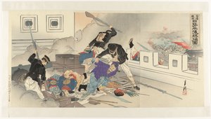 Zobrazení čínsko-japonské války v Pchjongjangu Nisshin sensô Nissei Heijô shôho zu (titul na objektu) od Ogata Gekko
