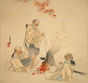 Pití saké pod javorem, cca 1890-1900 (barevný dřevotisk) od Ogata Gekko