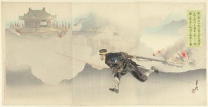 Onoguchi, de dood trotserend, om de poort van het vijandelijke fort op te blazen. (název na objektu) od Ogata Gekko