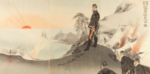 Obrázek důstojníků a mužů, kteří uctívají vycházející slunce, když se utábořili v horách Port Arthur