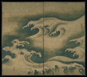 Rough Waves, dvoupanelová skládací obrazovka, c.1704-9 (inkoust, barva a plátkové zlato na papíře)