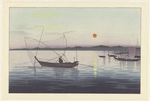 Lodě a zapadající slunce. od Ohara Koson