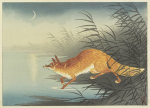 Fox by the Moonlit Water, 30. léta 20. století (barevný dřevořez)