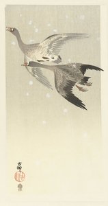 Husy běločelé létající ve sněhu od Ohara Koson