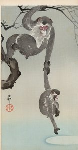 Opice a dítě dosahující odrazu měsíce od Ohara Koson