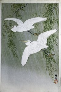 Dvě volavky létající zdarma, 1907 (barevný dřevoryt) od Ohara Koson