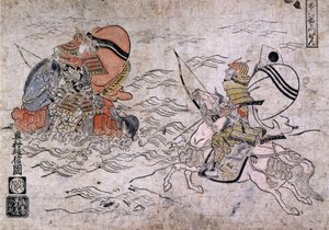 Bitva mezi dvěma nepřátelskými samuraji během bitvy o Ichi-no-Tani. Malba na papíře od Okumury Masanobu, asi 1720. od Okumura Masanobu