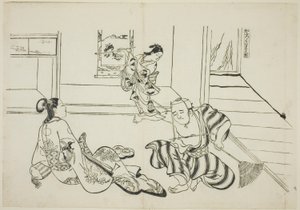 Child Attendant a Bald Tengu z hory Kurama (Kaburo Kurama Tengu), č. 7 ze série 12 grafik zobrazujících parodie her od Okumura Masanobu